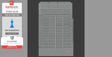 A 3D model of a high-rise building with detailed grid-like window patterns, made for 3D printing.
