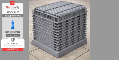 A detailed 3D printed model of a square, multi-tiered modern building with a textured facade.