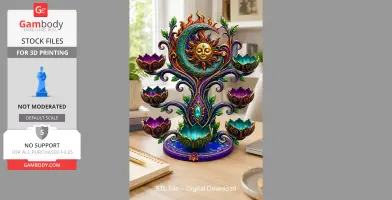 Ornate celestial sun and moon organizer with colorful floral bowl accents, designed for 3D printing.