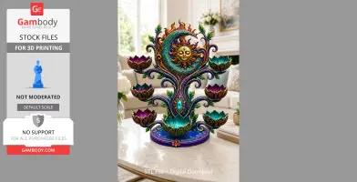 Ornate sun and moon themed organizer with lotus-shaped bowls and swirling vine designs for 3D printing.