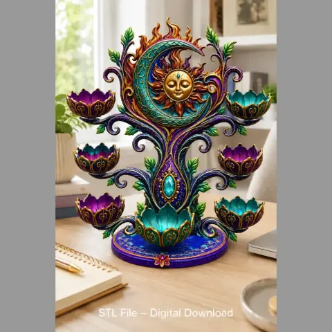 Ornate sun and moon-themed organizer with intricate floral designs and colorful cup holders.