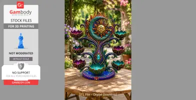 Ornate organizer with sun and moon, surrounded by colorful, ornate bowls on a tree-like base.