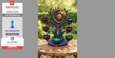 Ornate organizer featuring a sun and moon design with lotus-like compartments on a wooden table.