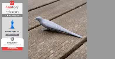 A gray 3D-printed Admiralty cicadabird model resting on a wooden surface.