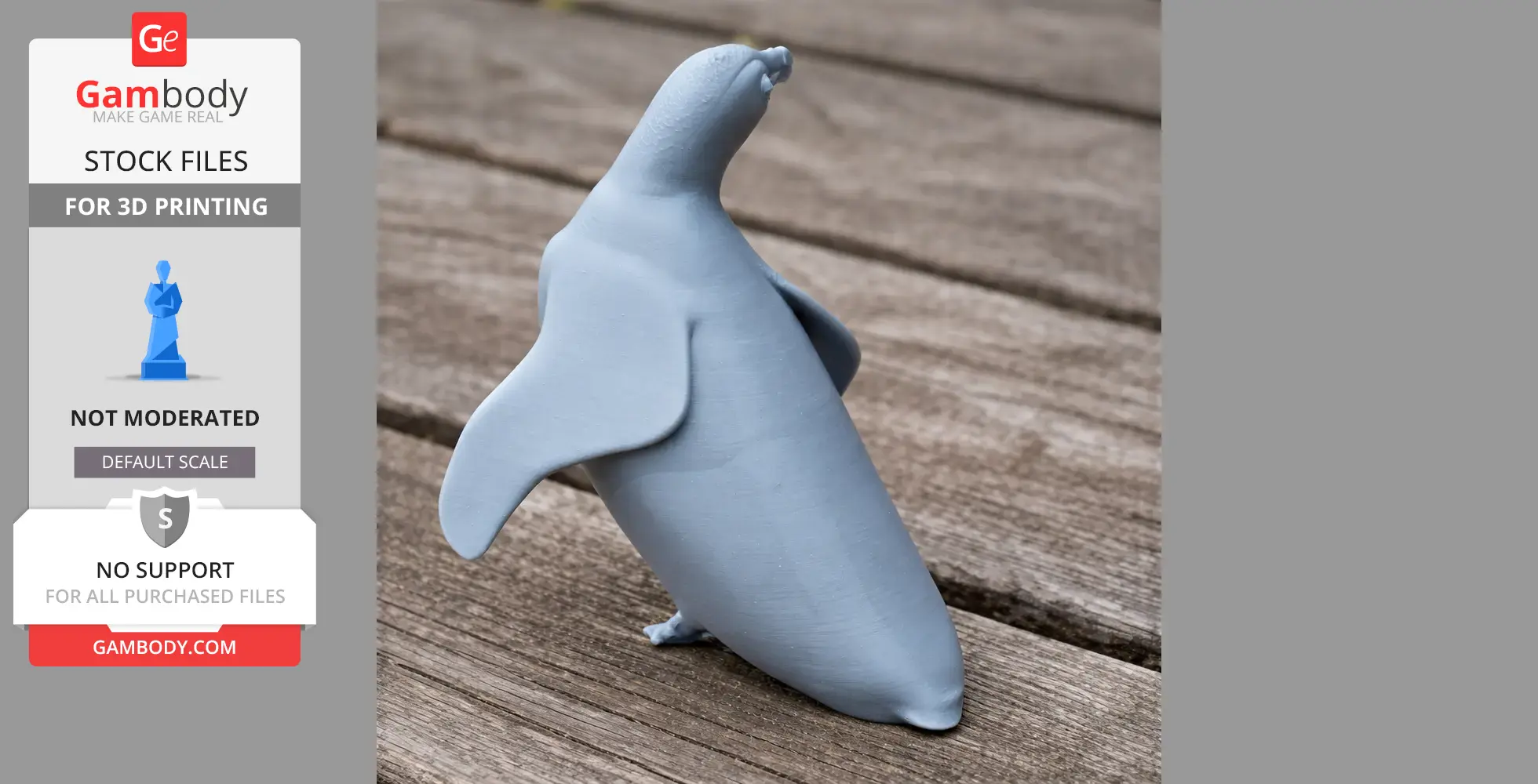 A gray 3D-printed African penguin model on a wooden surface.