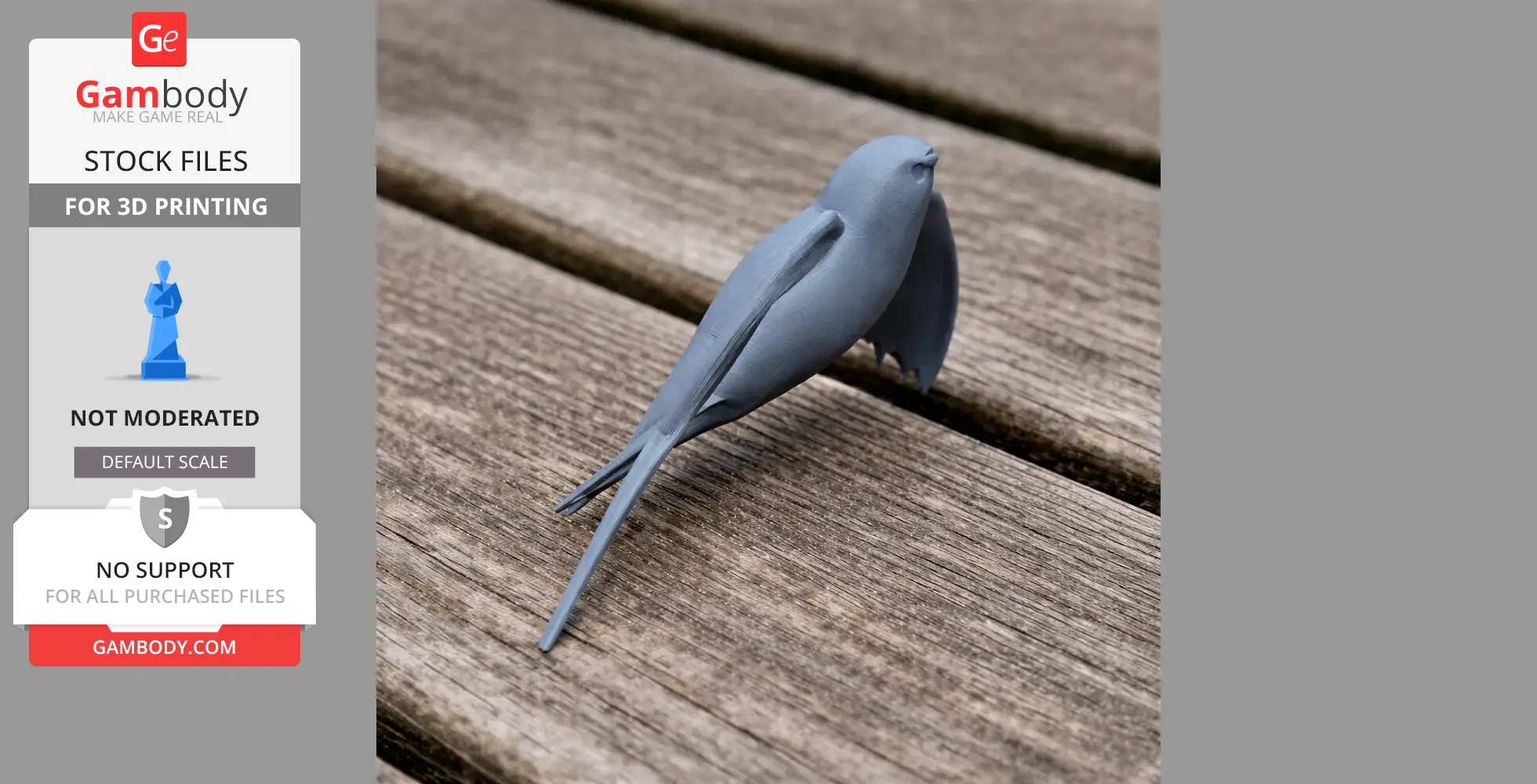 A 3D printed model of a bird perched on a wooden surface.