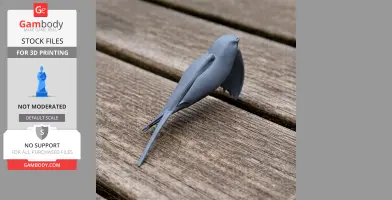 A 3D printed model of a bird perched on a wooden surface.