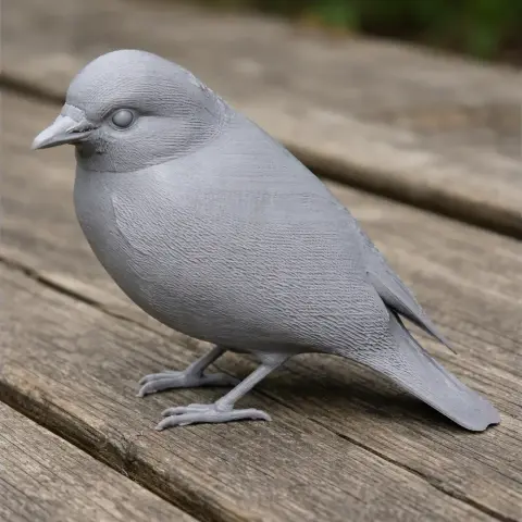 Gray 3D-printed model of a bird, detailed feathers, perched on a wooden surface.