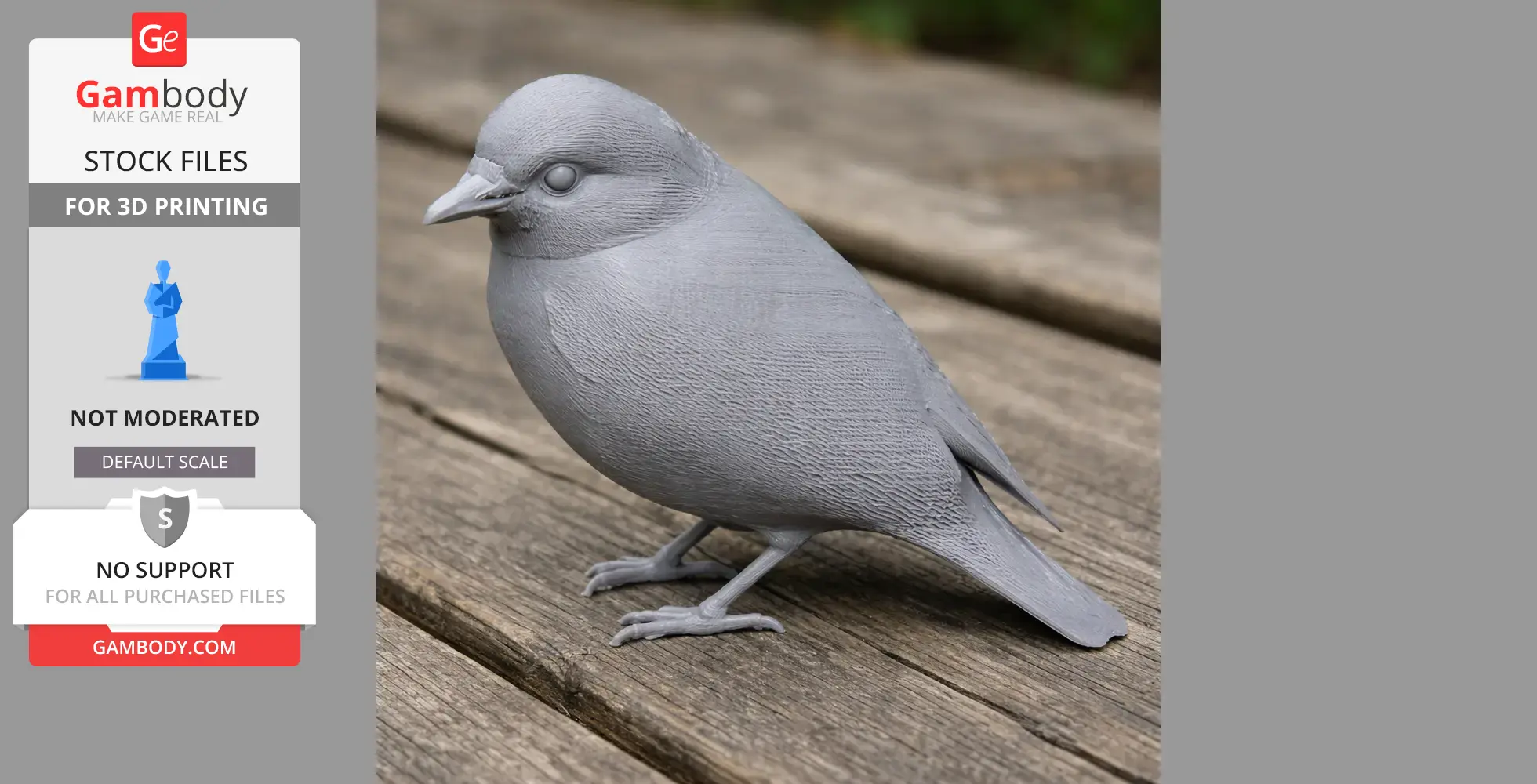 3D-printed model of a bird perched on a wooden surface, showcasing detailed feather textures.