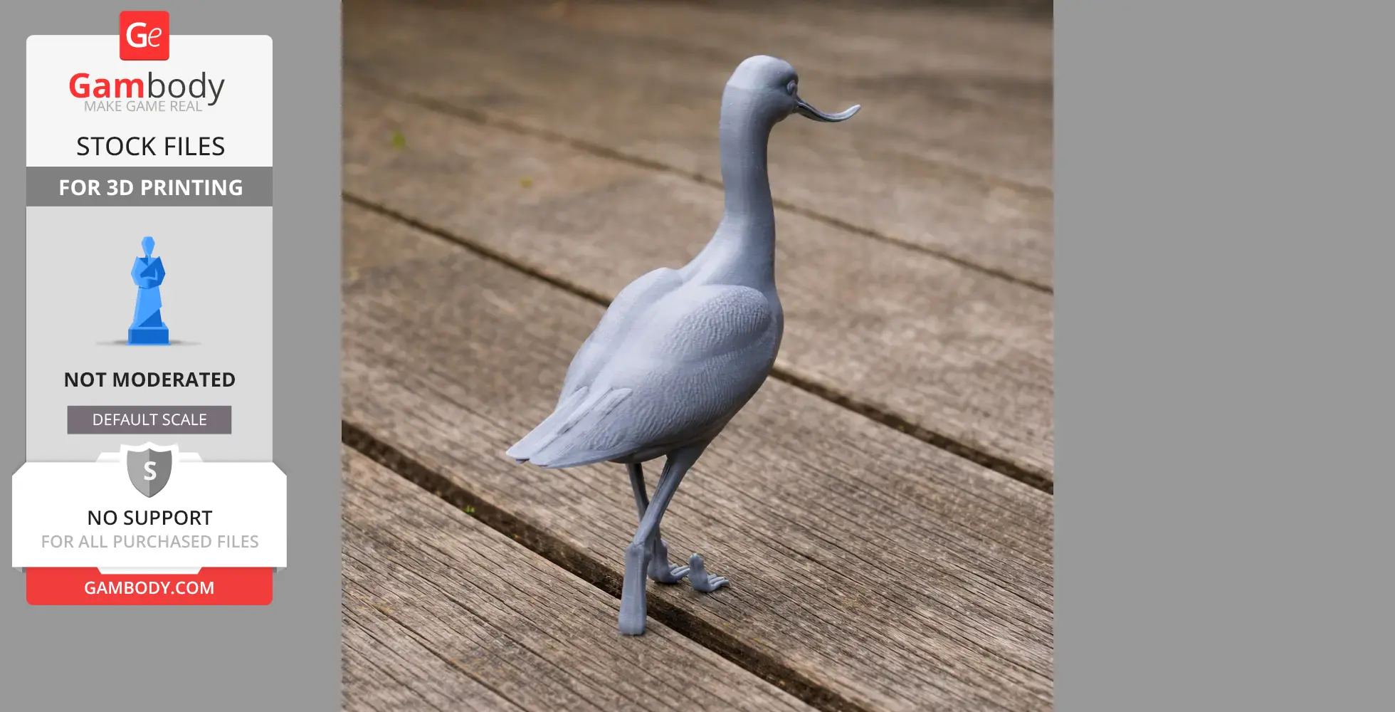 A 3D-printed model of a bird, standing on wooden planks, resembling an American avocet.