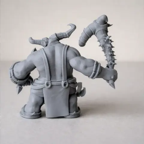 A menacing demon figure with horns, muscular build, holding a spiked weapon, ready for 3D printing.