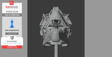 3D printed model of a dinosaur-like skull, displayed on a stand, ready for STL file use.