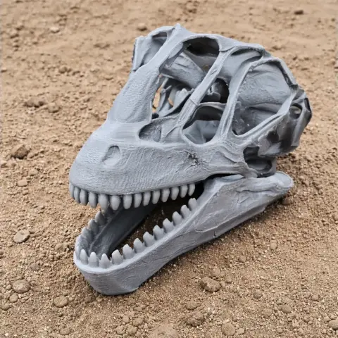 3D-printed Achillesaurus skull replica on a sandy surface, showcasing detailed teeth and bone structure.