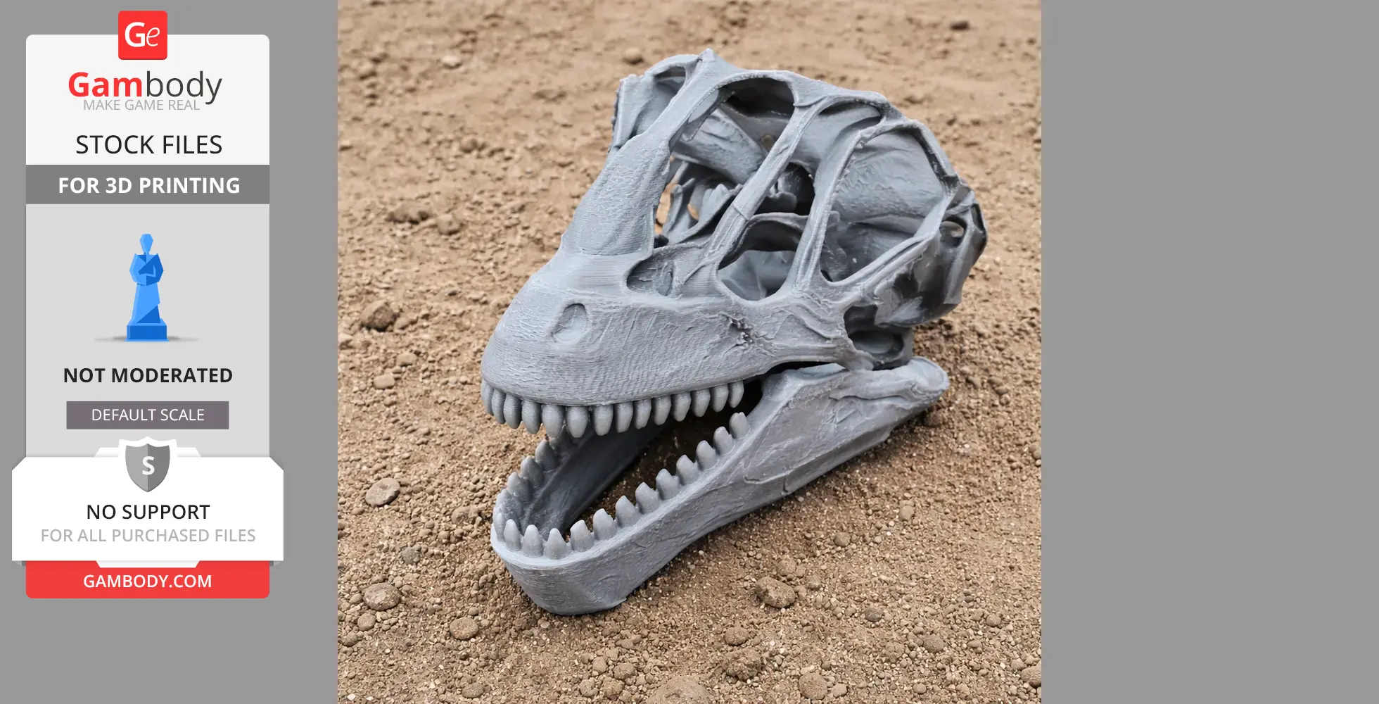3D printed dinosaur skull model on a dirt surface, showing detailed teeth and bone structure.