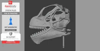 A 3D model of a dinosaur skull, showcasing detailed bone structure and teeth, for printing.
