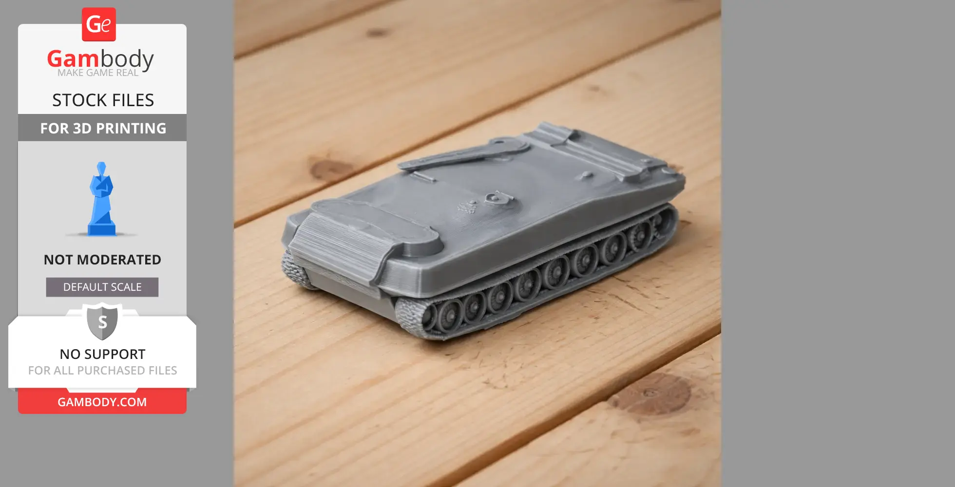 Gray 3D-printed model of a tank with detailed tracks, displayed on a wooden surface.