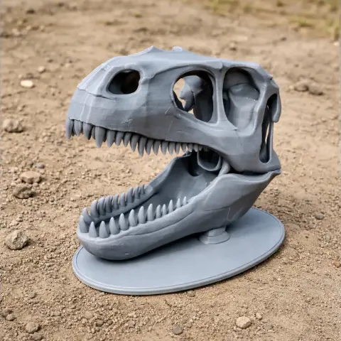 3D-printed dinosaur skull replica with open mouth, displayed on a sandy surface.
