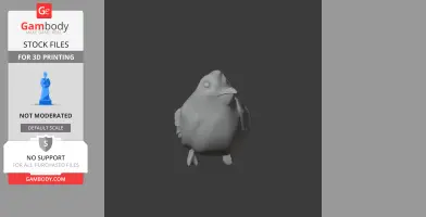 A 3D model of a chunky, stylized bird with detailed wings and beak on a dark background.