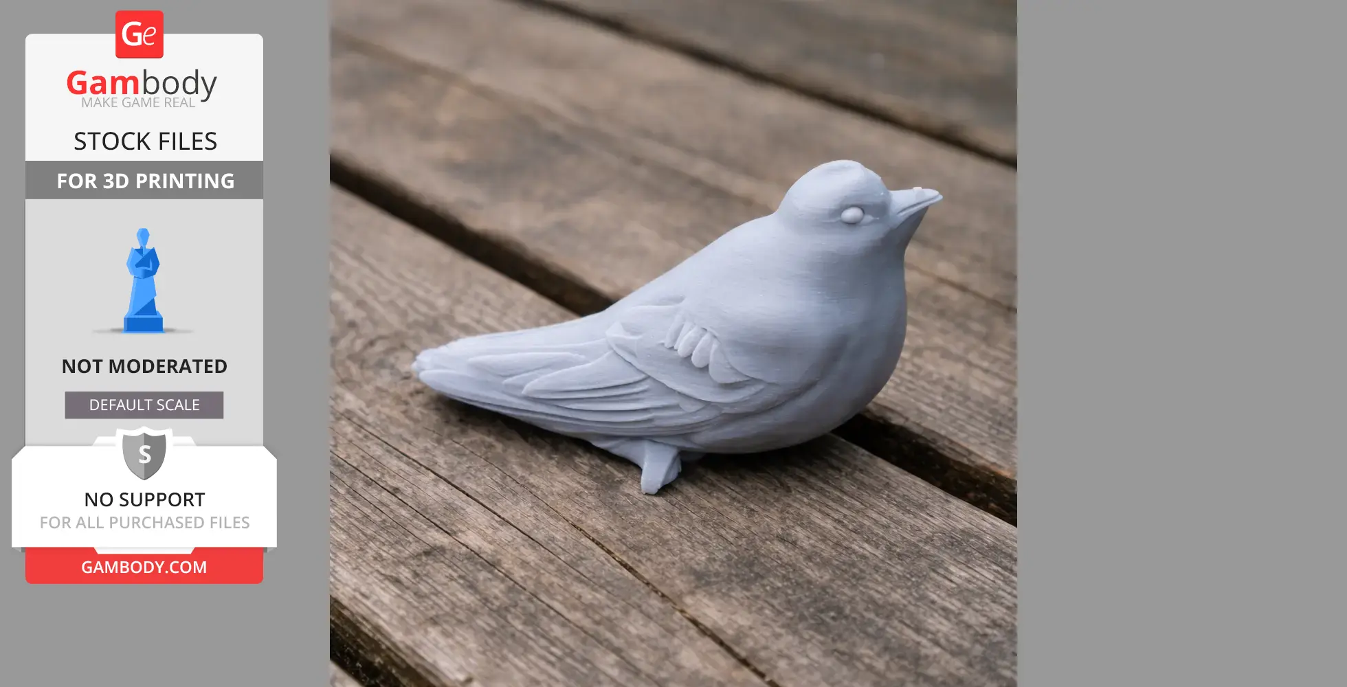 Gray 3D-printed model of a bird with detailed feathers, resting on a wooden surface.