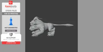 A three-headed Cerberus figurine STL file, designed for 3D printing, side view.