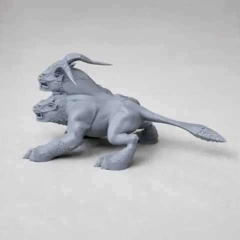 A detailed three-headed creature, Cerberus, in a crouching pose for 3D printing.