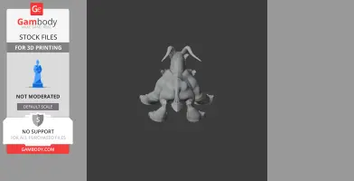 A 3D model of a three-headed creature with horns, viewed from behind, designed for 3D printing.