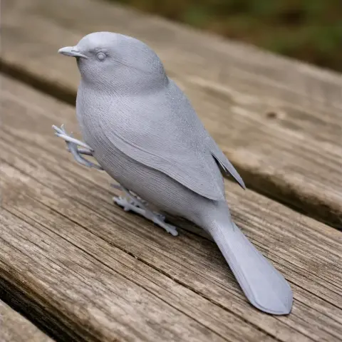Gray 3D-printed model of a small bird, resembling an American bushtit, on a wooden surface.