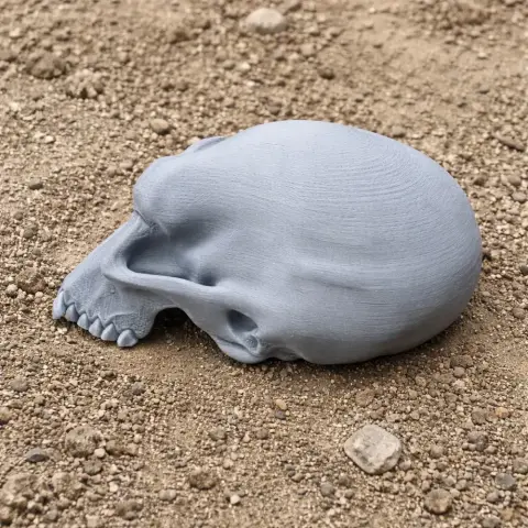 A 3D-printed Albertonykus dinosaur skull replica resting on a sandy surface.