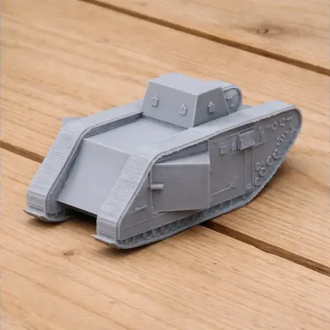 Gray 3D-printed model of a tank with caterpillar tracks and an angular design, on a wooden surface.