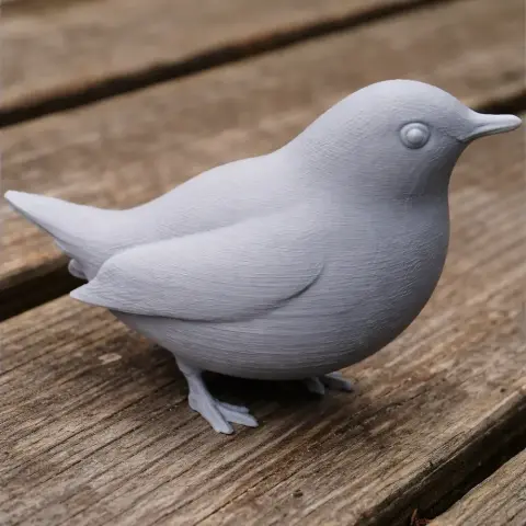 3D printed model of a bird, resembling an American dipper, on a wooden surface.