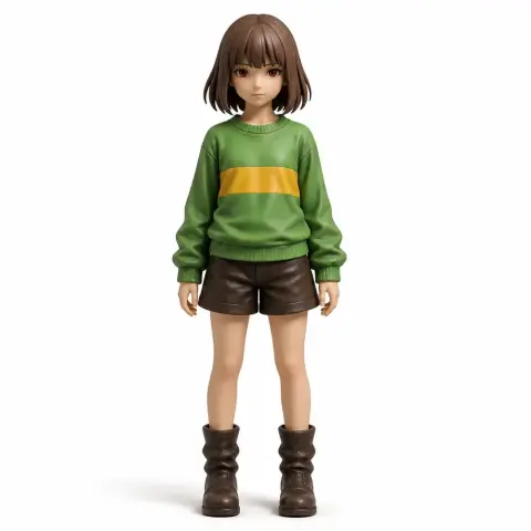 3D figurine of a character in a green sweater, brown shorts, and boots, styled with a short bob haircut.