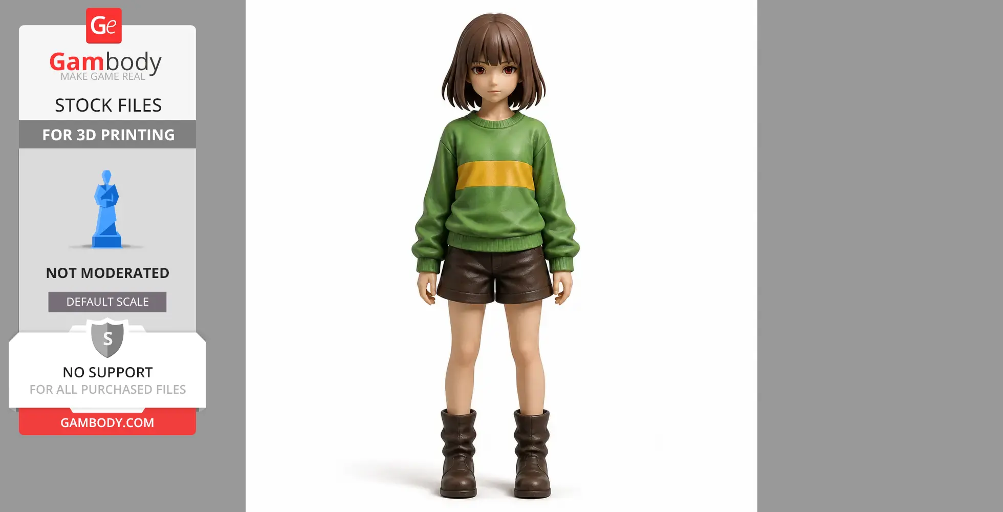 A 3D-printed figurine of Chara from Undertale in a green sweater and brown shorts, standing upright.