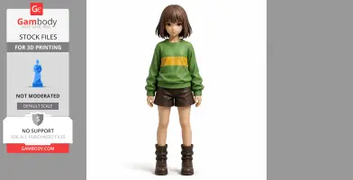 A 3D-printed figurine of Chara from Undertale in a green sweater and brown shorts, standing upright.