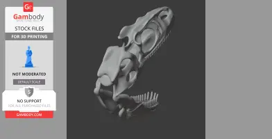 A 3D model of a dinosaur skull replica, showing detailed bone structure and teeth.