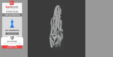 A detailed 3D model of a dinosaur skull featuring intricate openings and surface textures.