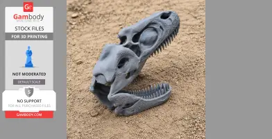 3D-printed Albisaurus skull replica, displayed on a sandy surface with open jaw and detailed features.