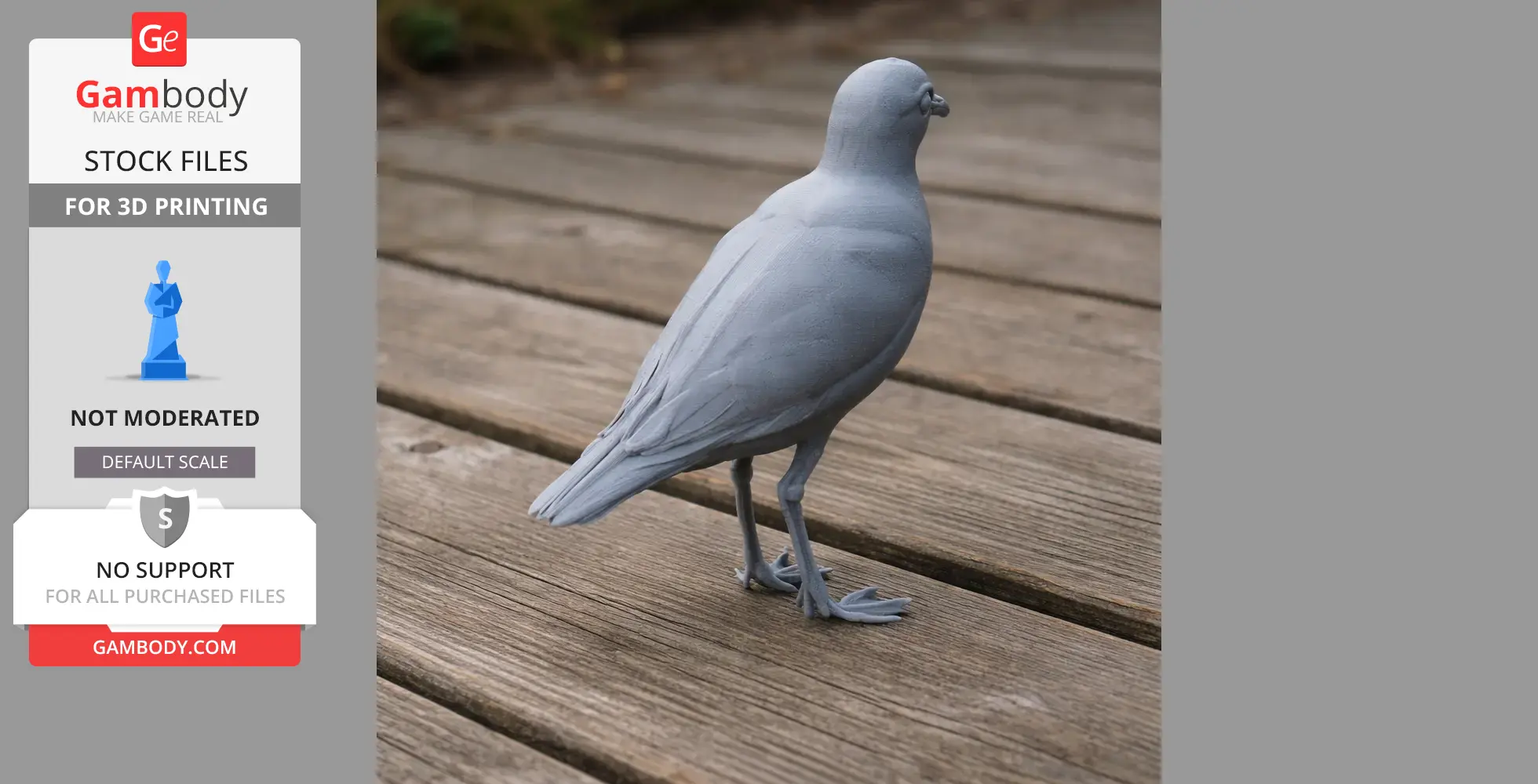 Gray 3D-printed model of an American golden plover standing on wooden planks.