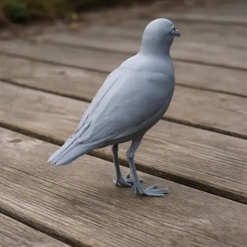 Gray 3D printed model of an American golden plover standing on wooden planks.