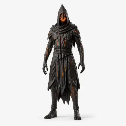 Hooded, charred figure with glowing orange cracks and tattered robe, resembling a fiery, mystical character.