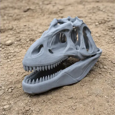 3D-printed Alvarezsaurus skull model on a textured surface.