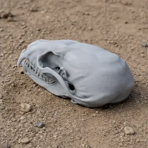 A 3D-printed Amargatitanis skull replica, gray, resting on sandy ground.