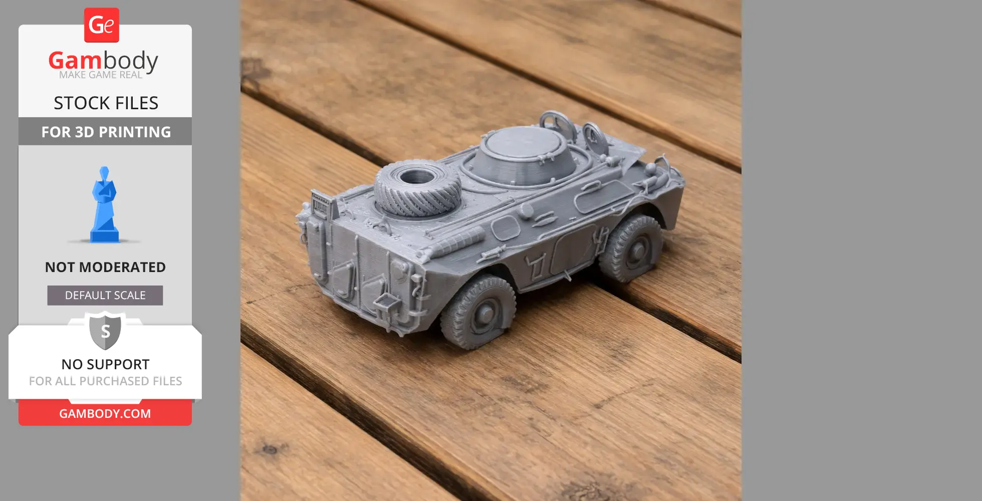 A 3D printed model of a tank on a wooden surface, featuring intricate details and a spare tire.