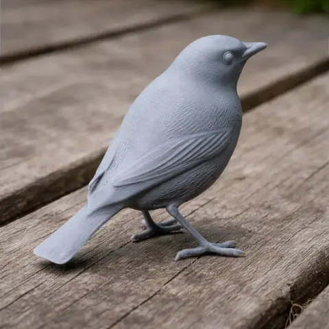 3D printed model of a bird standing on wooden planks.