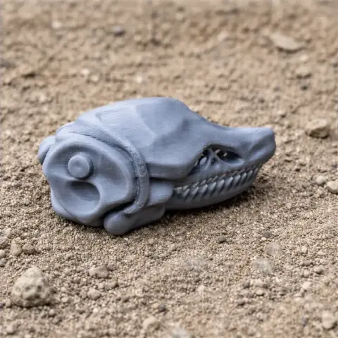 3D printed Ambopteryx skull replica with intricate details, resting on a sandy surface.