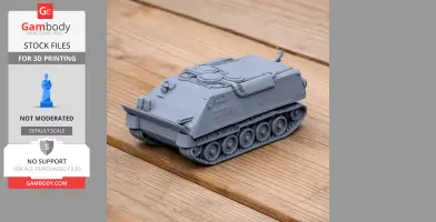 3D printed model of a futuristic tank with detailed tracks and armor, displayed on a wooden surface.