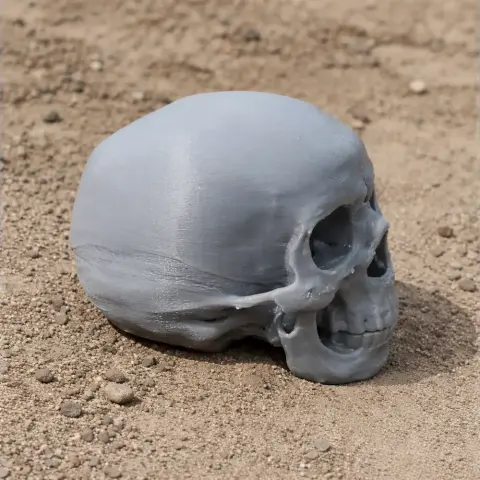 Gray 3D-printed skull model resting on sandy ground.