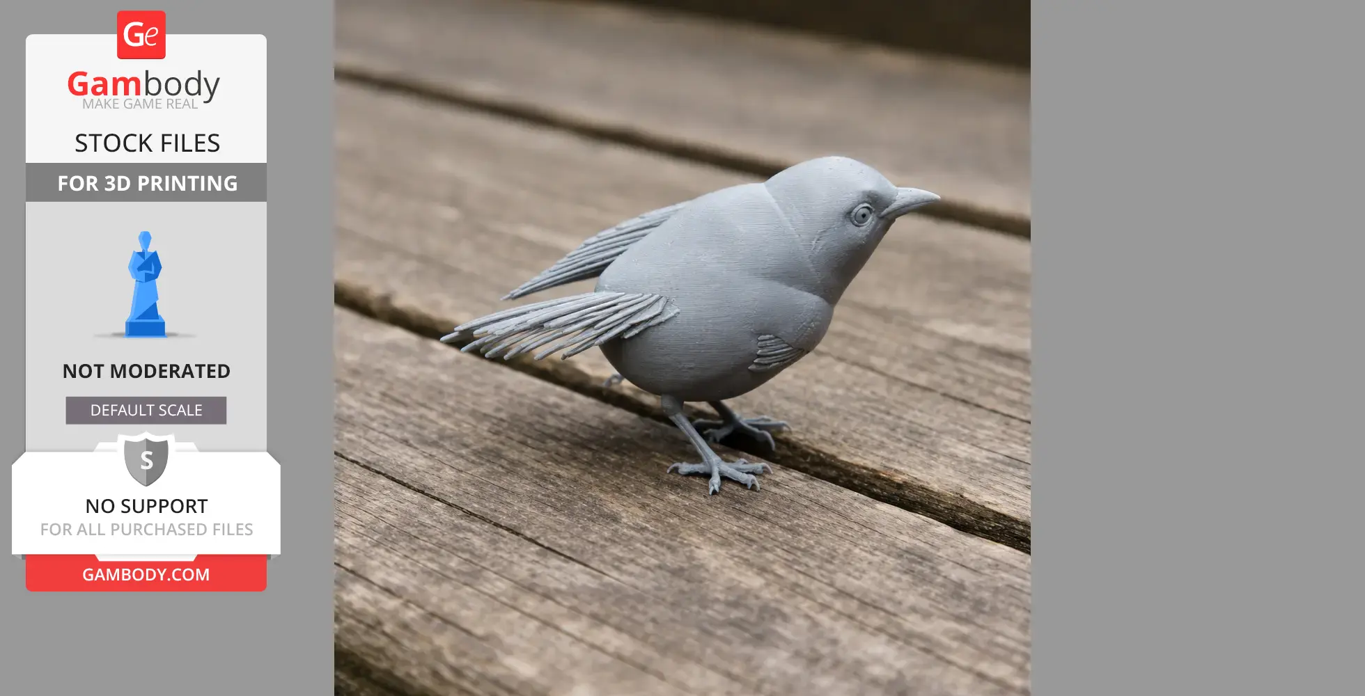 Gray 3D-printed model of a bird, resembling an American redstart, on a wooden surface.