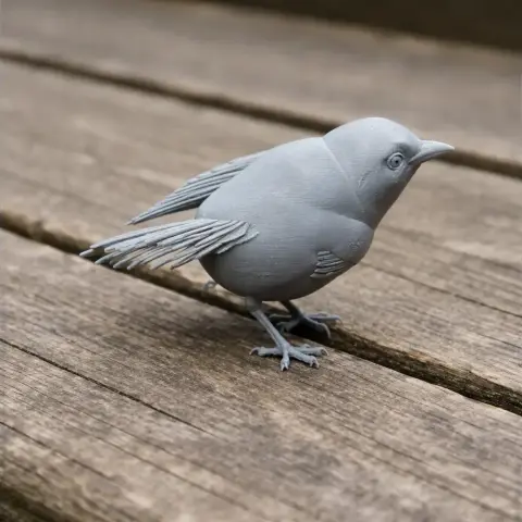 3D printed model of a bird, detailed feathers, perched on wooden planks.