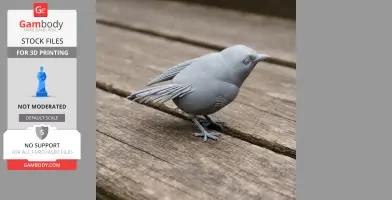 Gray 3D-printed model of a bird, resembling an American redstart, on a wooden surface.