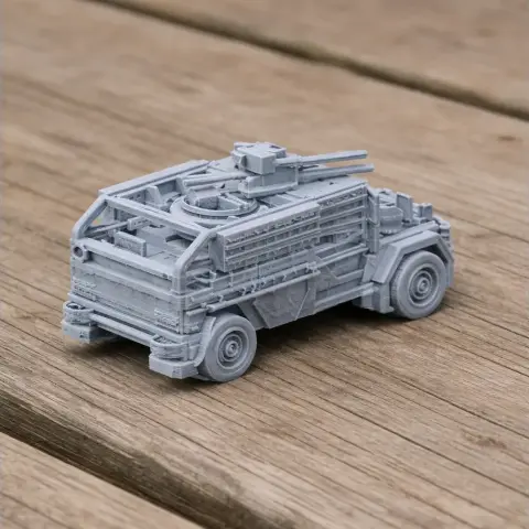 A detailed 3D-printed, light infantry vehicle model on a wooden surface.